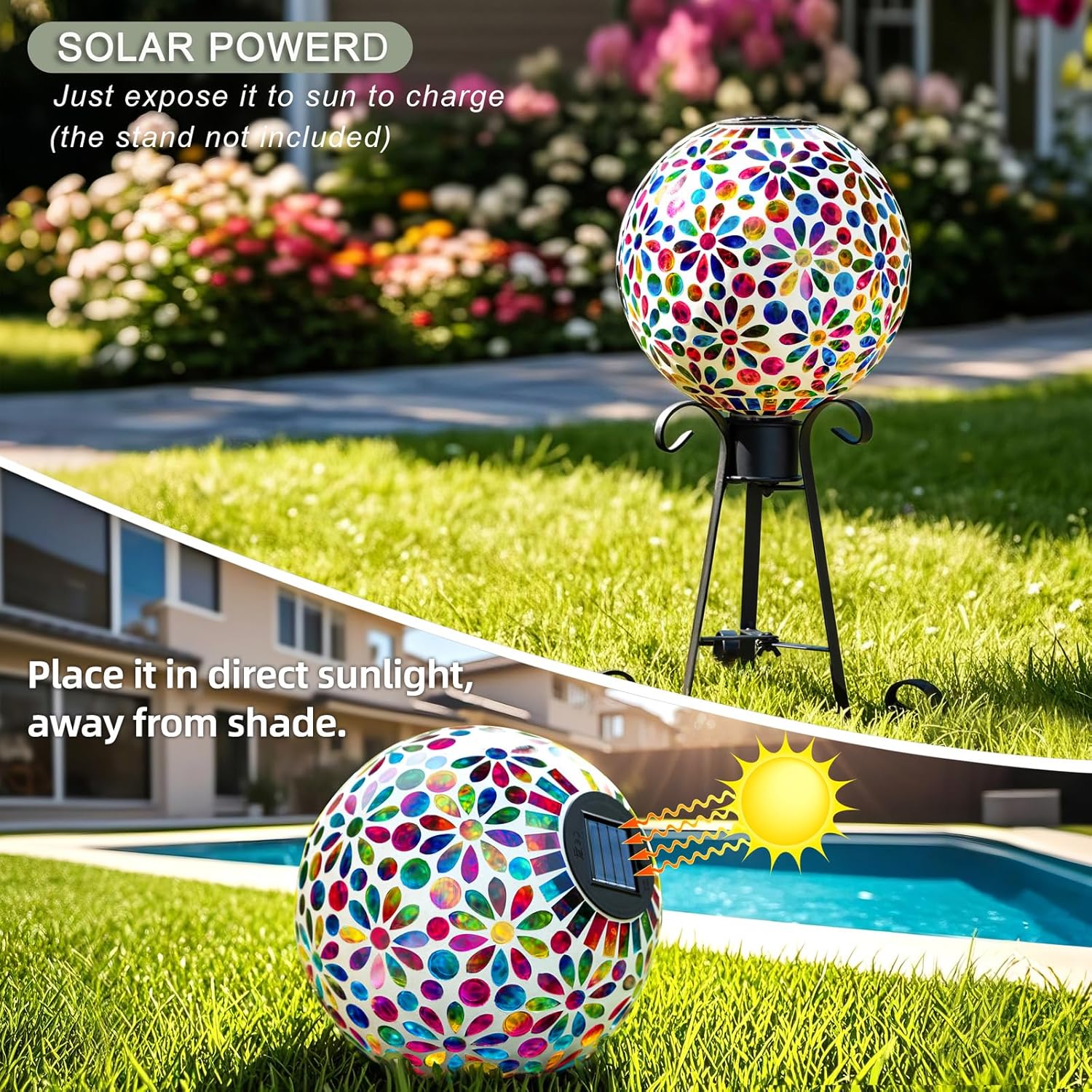 VOREEN 10" Mosaic Glass Gazing Ball with Solar Light, Outdoor Solar Gazing Globe, Handmade IP44