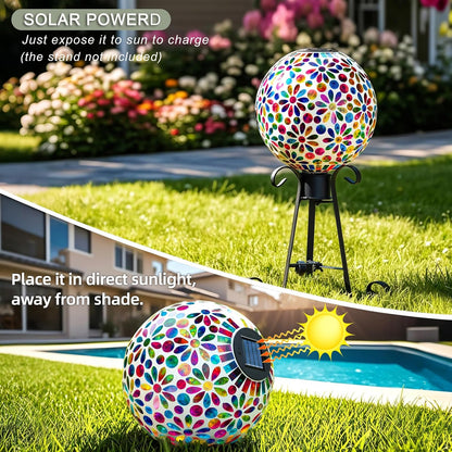 VOREEN 10" Mosaic Glass Gazing Ball with Solar Light, Outdoor Solar Gazing Globe, Handmade IP44