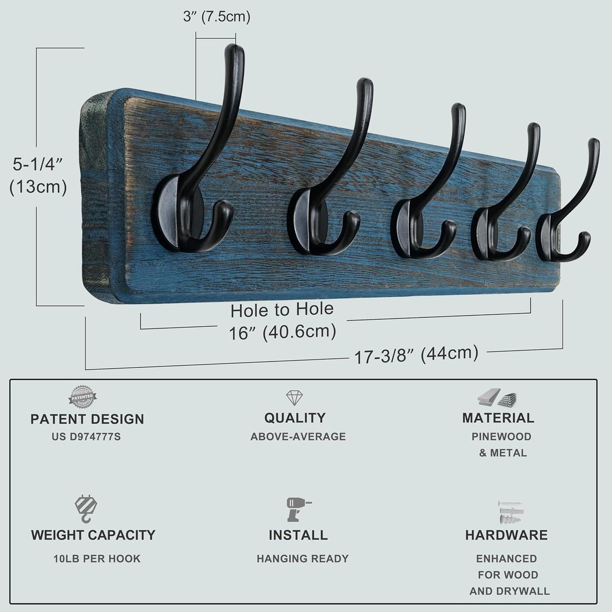 Dseap Coat Rack Wall: Patented, Heavy-Duty, 5-Double-Hooks Wooden Wall Mounted Coat Rack Coat