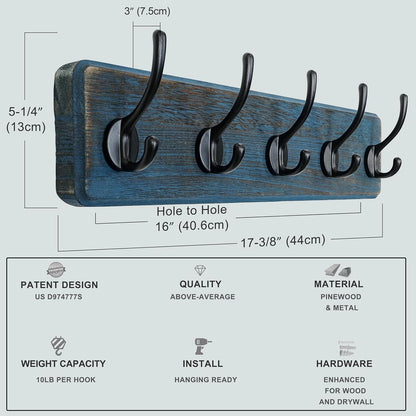 Dseap Coat Rack Wall: Patented, Heavy-Duty, 5-Double-Hooks Wooden Wall Mounted Coat Rack Coat
