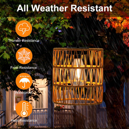 Livinlarge Solar Chandelier Lantern,Outdoor Rattan Pendant Lights,Waterproof Boho Hanging Lamps