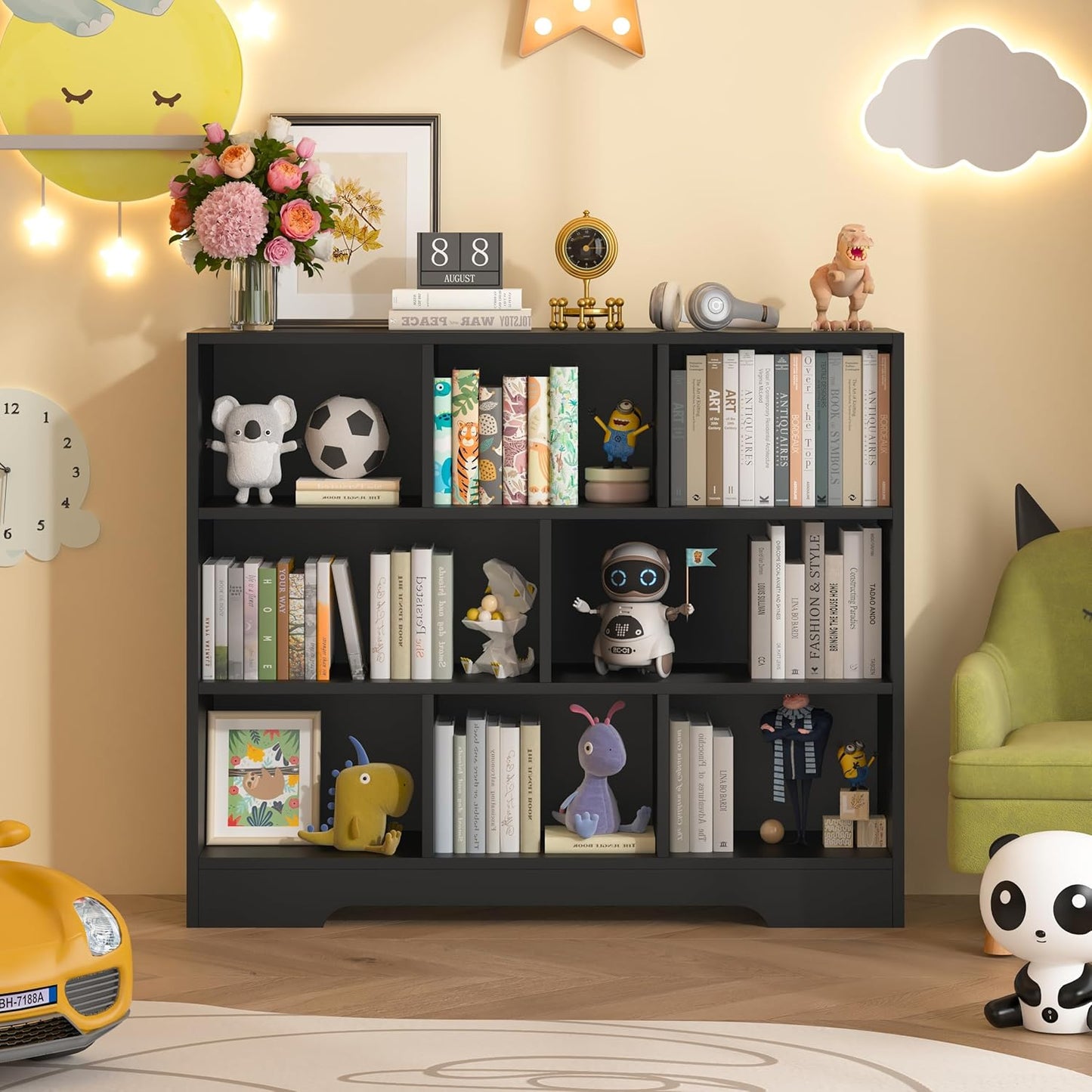 Book Shelf, 8 Cubes Storage Organizer, 3-Tier Open Shelf Wooden Bookcase, Freestanding Black