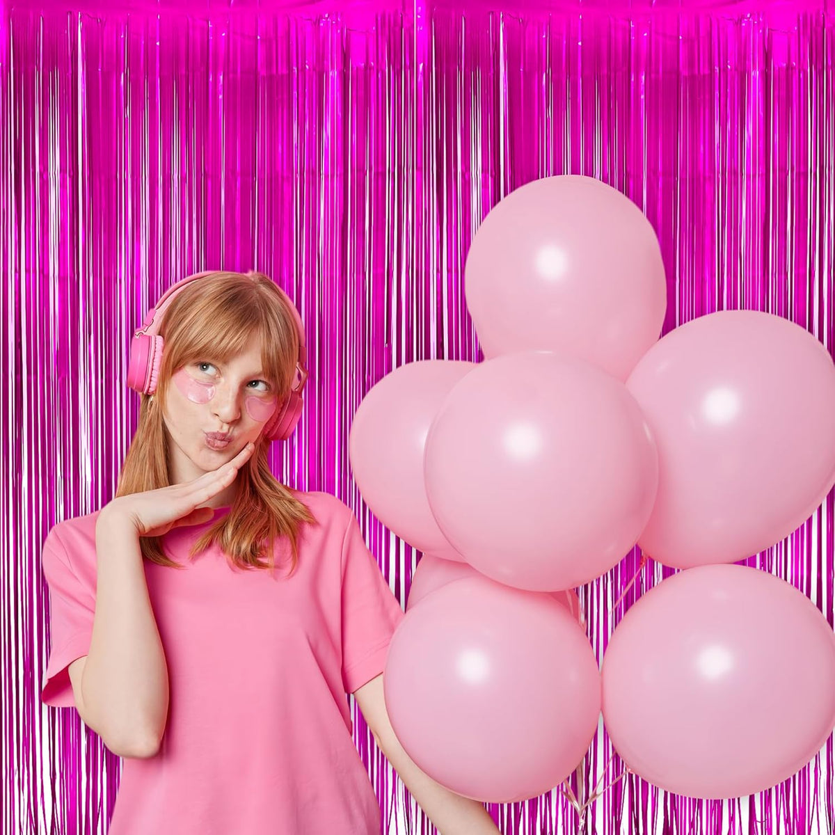 Hot Pink Party Streamers Backdrop - GREATRIL Shiny Fuchsia Tinsel Foil Fringe Curtain for