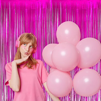 Hot Pink Party Streamers Backdrop - GREATRIL Shiny Fuchsia Tinsel Foil Fringe Curtain for
