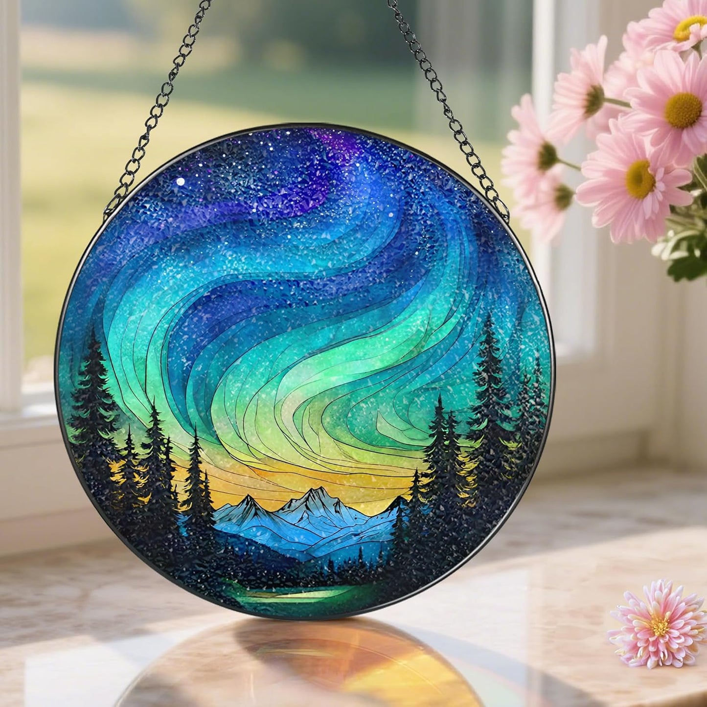 Stained Glass Window Hanging - 8 Inch Northern Lights Suncatcher for Window Doors Home Decoration