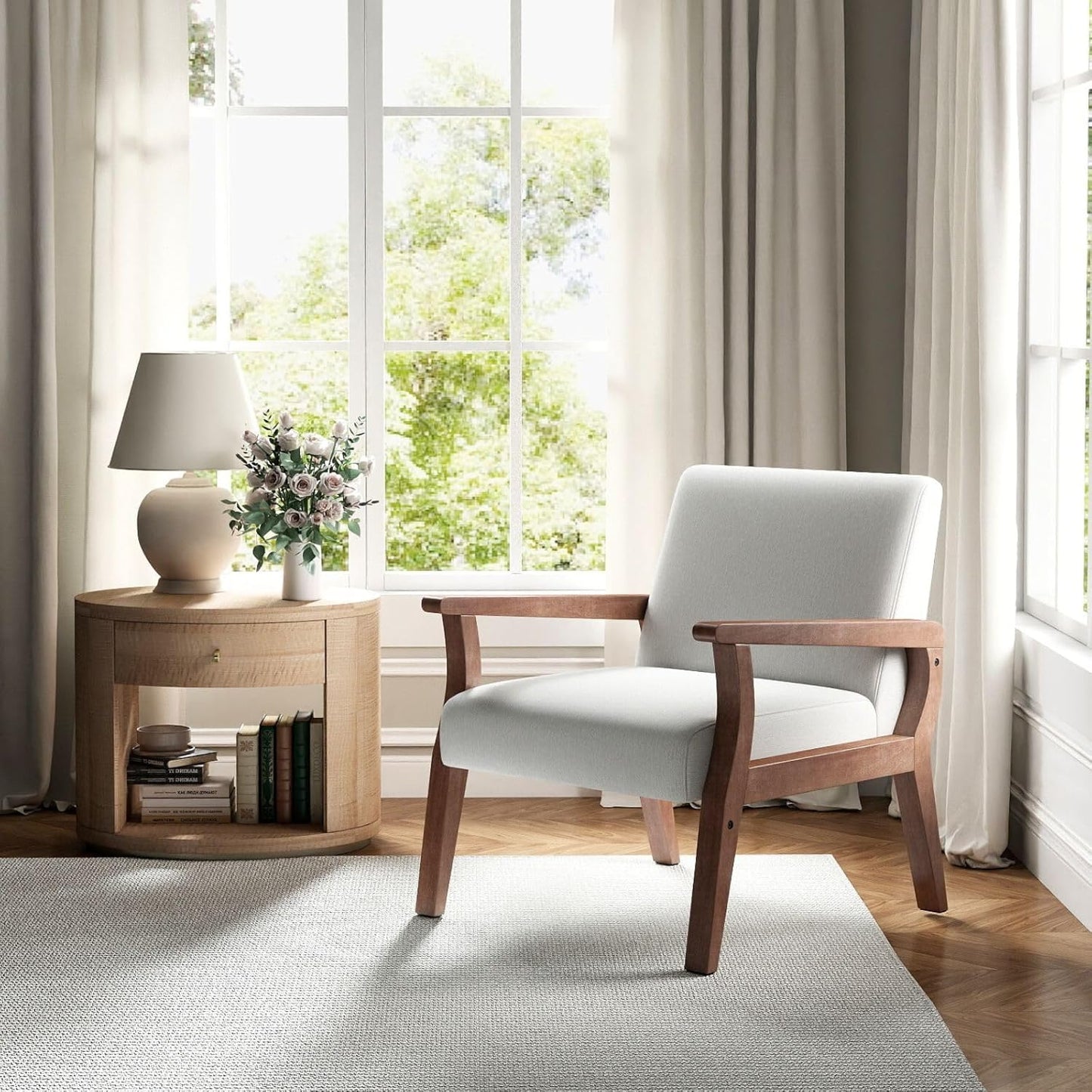 Beige Accent Chair Mid Century Modern Armchair Wood Sitting Chair Linen Fabric Upholstered Side