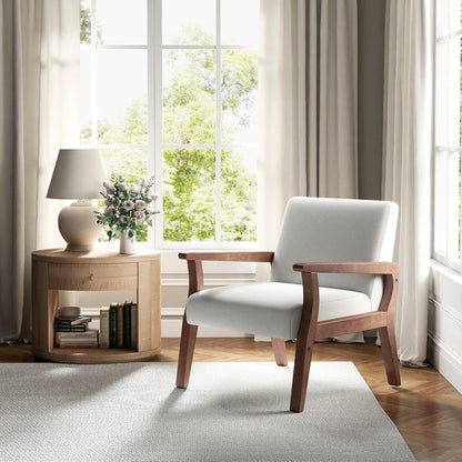 Beige Accent Chair Mid Century Modern Armchair Wood Sitting Chair Linen Fabric Upholstered Side