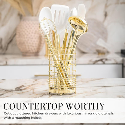 White Silicone and Gold Cooking Utensils Set with Gold Utensil Holder - 7-Piece Silicone Cooking