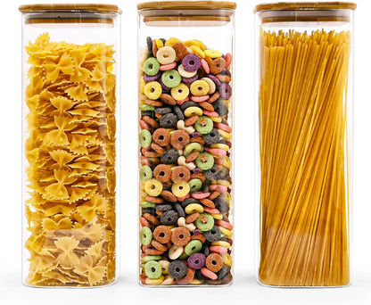 Glass Pasta Storage Jars Square 73oz, 3 Pack Glass Jars With Bamboo Lids, Tall Kitchen Storage