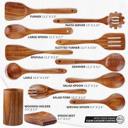 Zulay Kitchen 12-Piece Teak Wooden Utensils for Cooking - Natural Teak Utensil Set with Premium