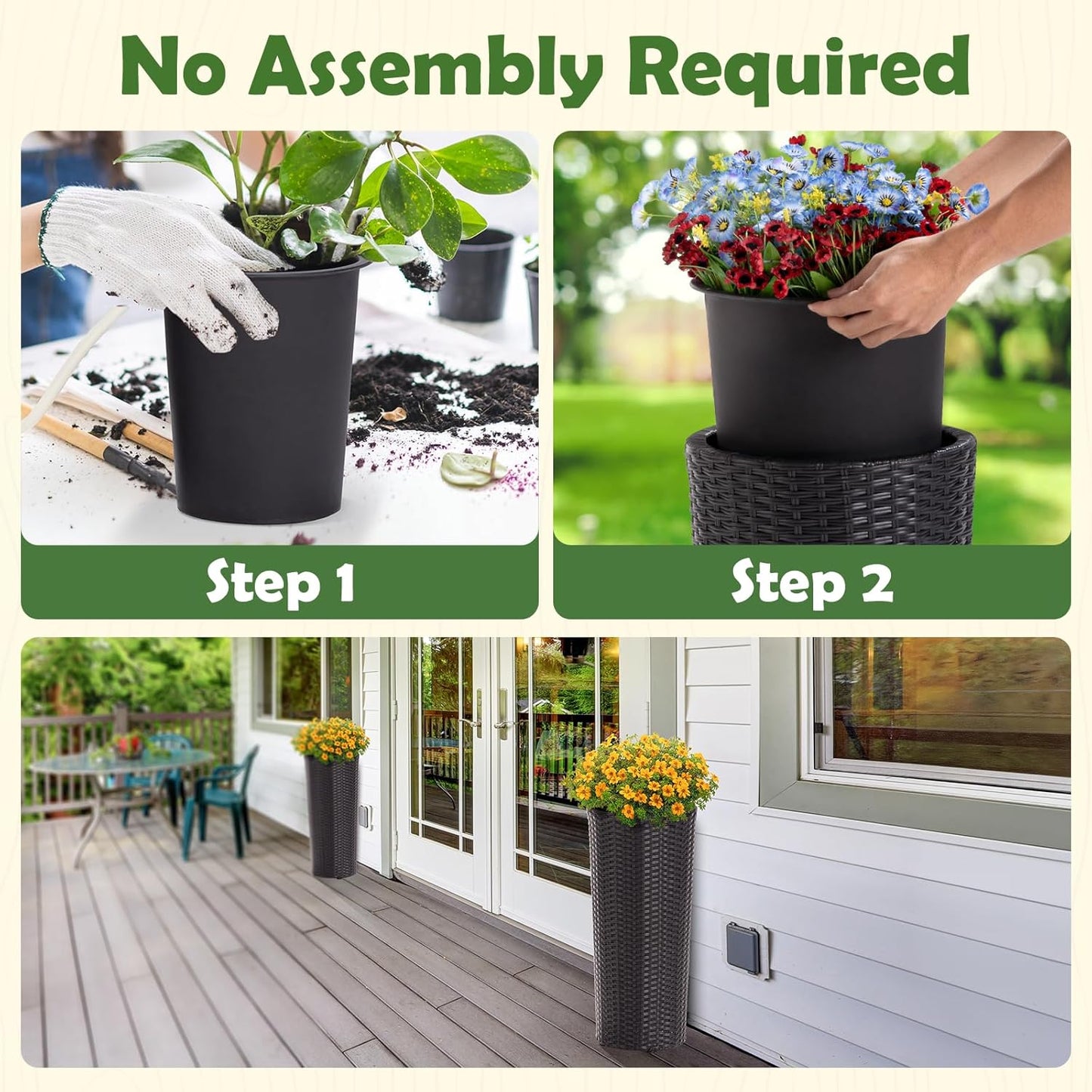 IDZO All Weather Wicker Planters for Outdoor Plants Set of 2, 24 inch Tall Black Planter for Front