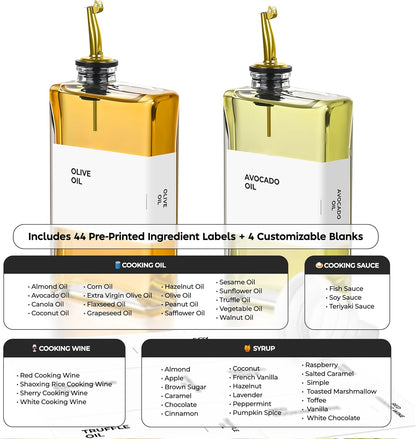 Olive Oil Dispenser Bottle - Includes 44 Kitchen Essential Labels - Cooking Oil Bottles for