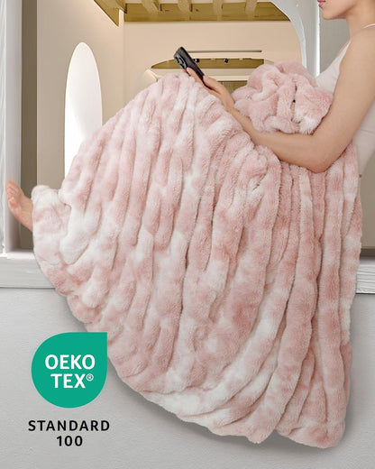 Faux Fur Blanket, Throw Blanket for Couch, Fluffy Blanket with Stretch Ruched Design, Ultra Soft
