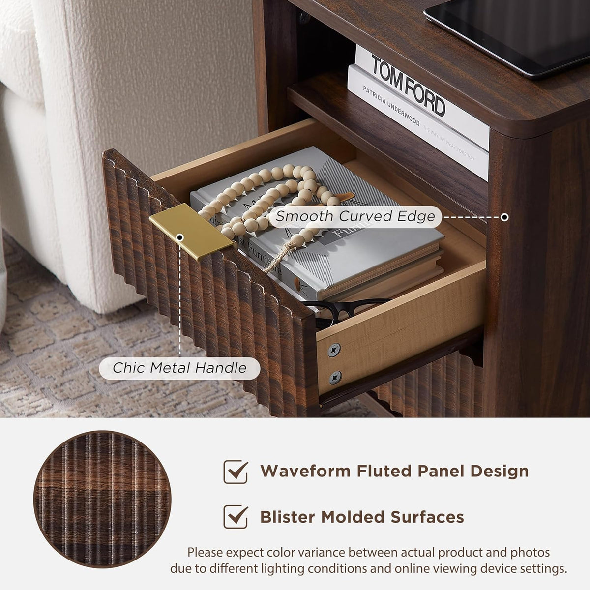 T4TREAM Fluted Nightstand with Charging Station, 18" Modern Side Table, 2 Drawers End Table with