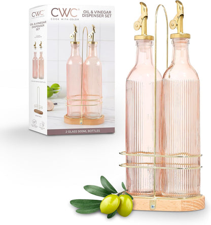 COOK WITH COLOR Glass Olive Oil Dispenser Bottle - 2 Pack, 17 oz Cruet - Elegant Carafe Decanter