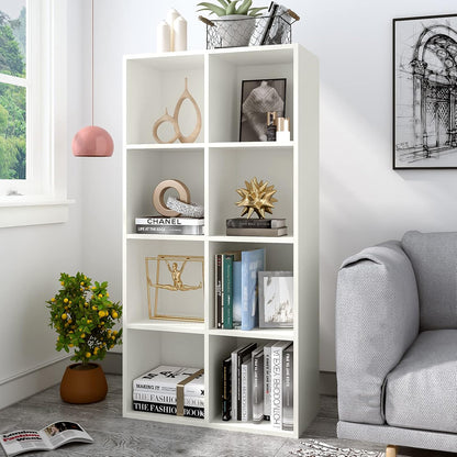 8-Cube Storage Shelf Bookcase - Wooden 4-Tier Floor Standing Open Bookshelf, Modern TV Stand up to