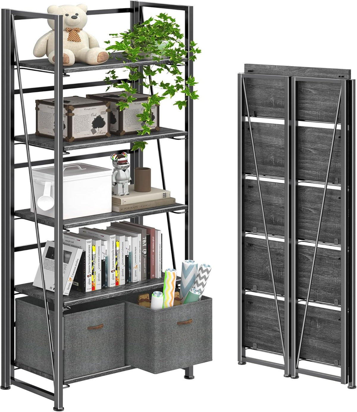 4NM No Assembly Foldable Bookshelf, 5-Shelf Collapsible Bookcase Storage for Small Spaces, 62.2" H
