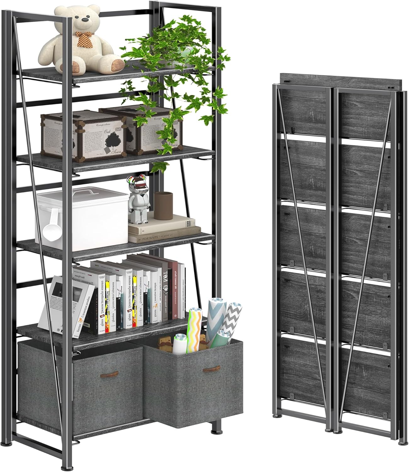 4NM No Assembly Foldable Bookshelf, 5-Shelf Collapsible Bookcase Storage for Small Spaces, 62.2" H