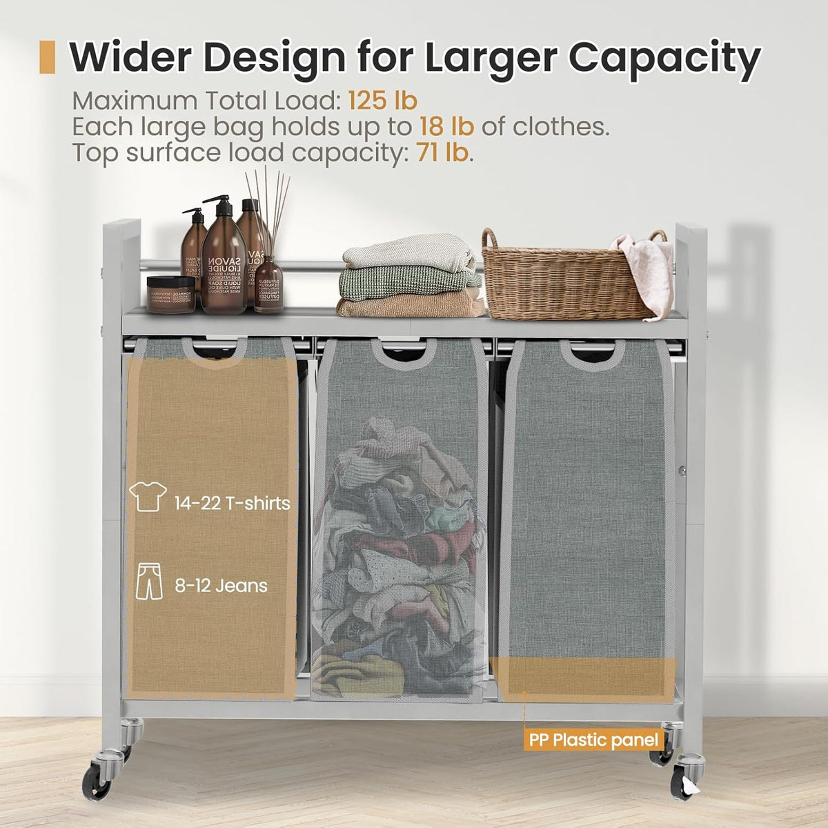 Laundry Hamper, Laundry Basket, Laundry Sorter with 3 Removable Bags, Clothes Basket with 3