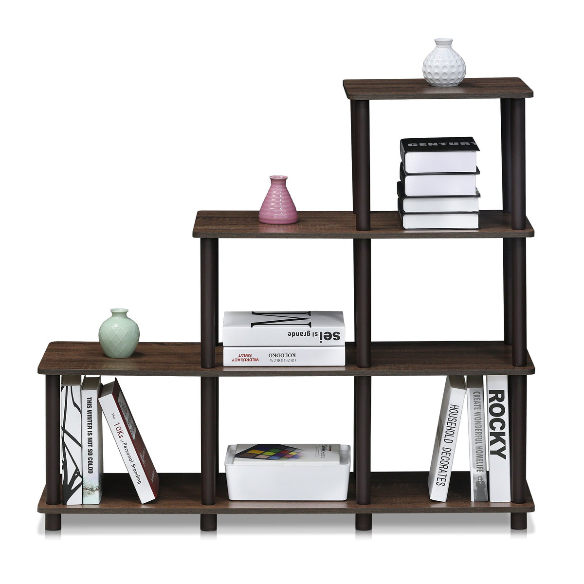 Furinno Turn-N-Tube Storage Shelves, 4-Tier Ladder Book Shelf, 6 Cube Open frame Corner Shelf