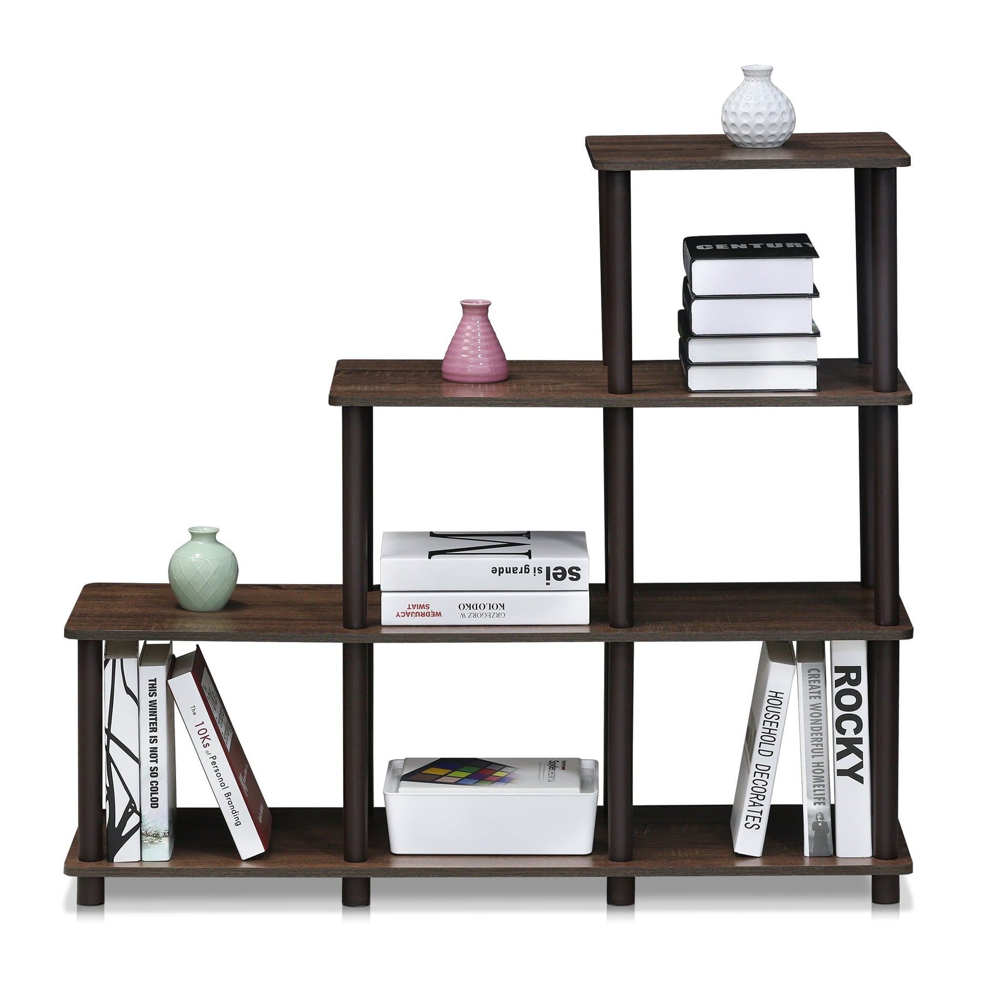 Furinno Turn-N-Tube Storage Shelves, 4-Tier Ladder Book Shelf, 6 Cube Open frame Corner Shelf
