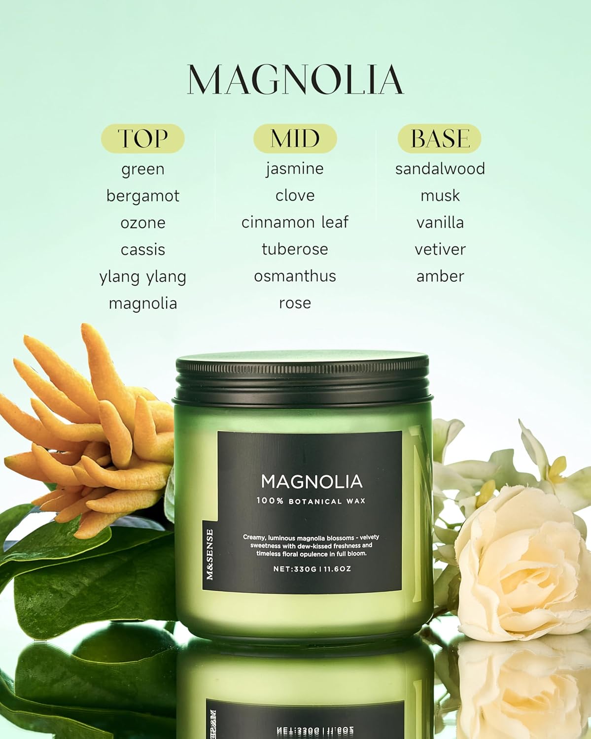 M&SENSE Magnolia Jasmine Spring Scented Candle, 11.6oz 70 Hours Long Lasting Clean Non Toxic All