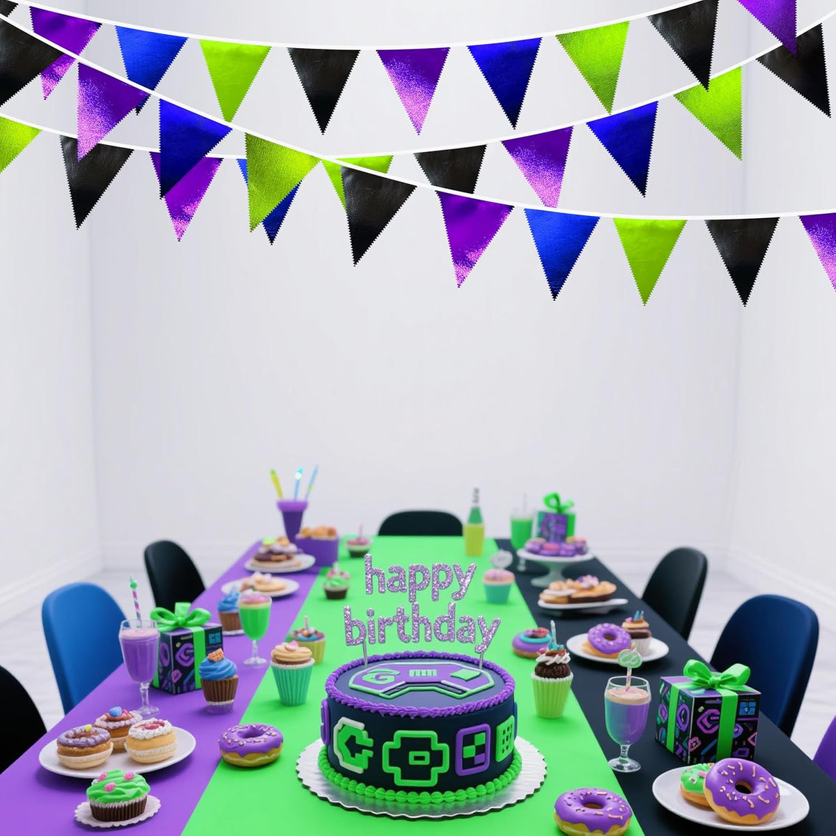 Video Game Party Decorations Black Blue Green Purple Metallic Fabric Triangle Pennant Banner Flag