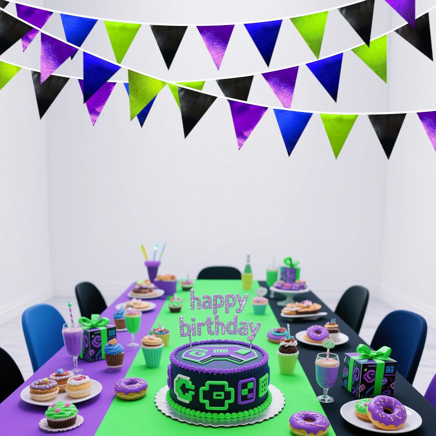 Video Game Party Decorations Black Blue Green Purple Metallic Fabric Triangle Pennant Banner Flag