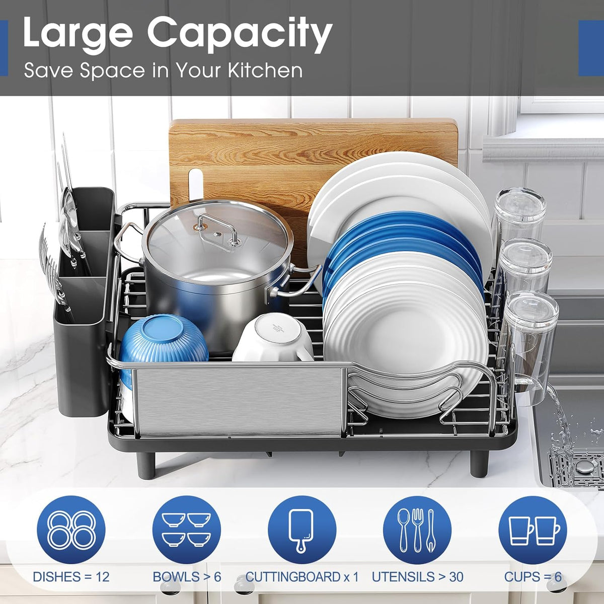 Stainless Steel Dish Drying Rack - Large Capcity 304 Grade Dish Drainer for Kitchen Counter with