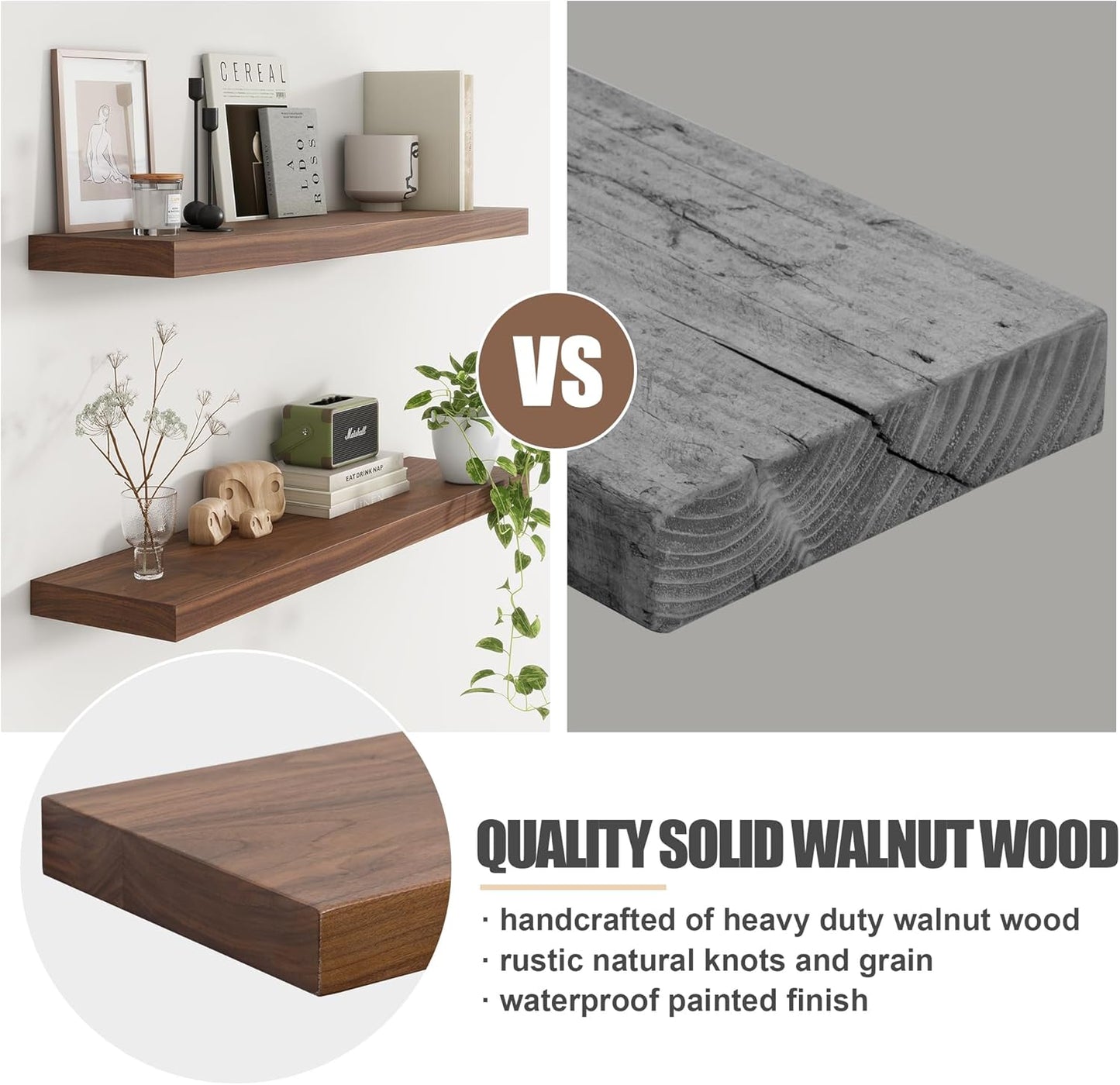 Floating Shelves for Wall, USA-Sourced Walnut Wood 48 Inch Long Wall Shelves, Natural Wooden Wall