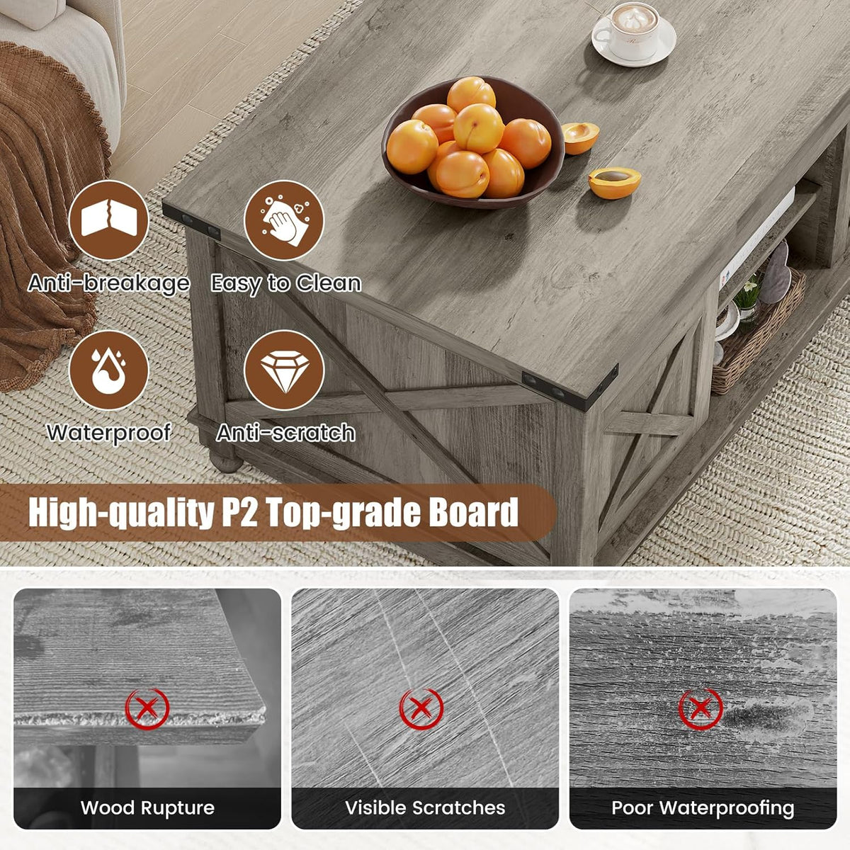 48" Farmhouse Lift Top Coffee Table with Storage Sliding Barn Door & Large Hidden Compartment