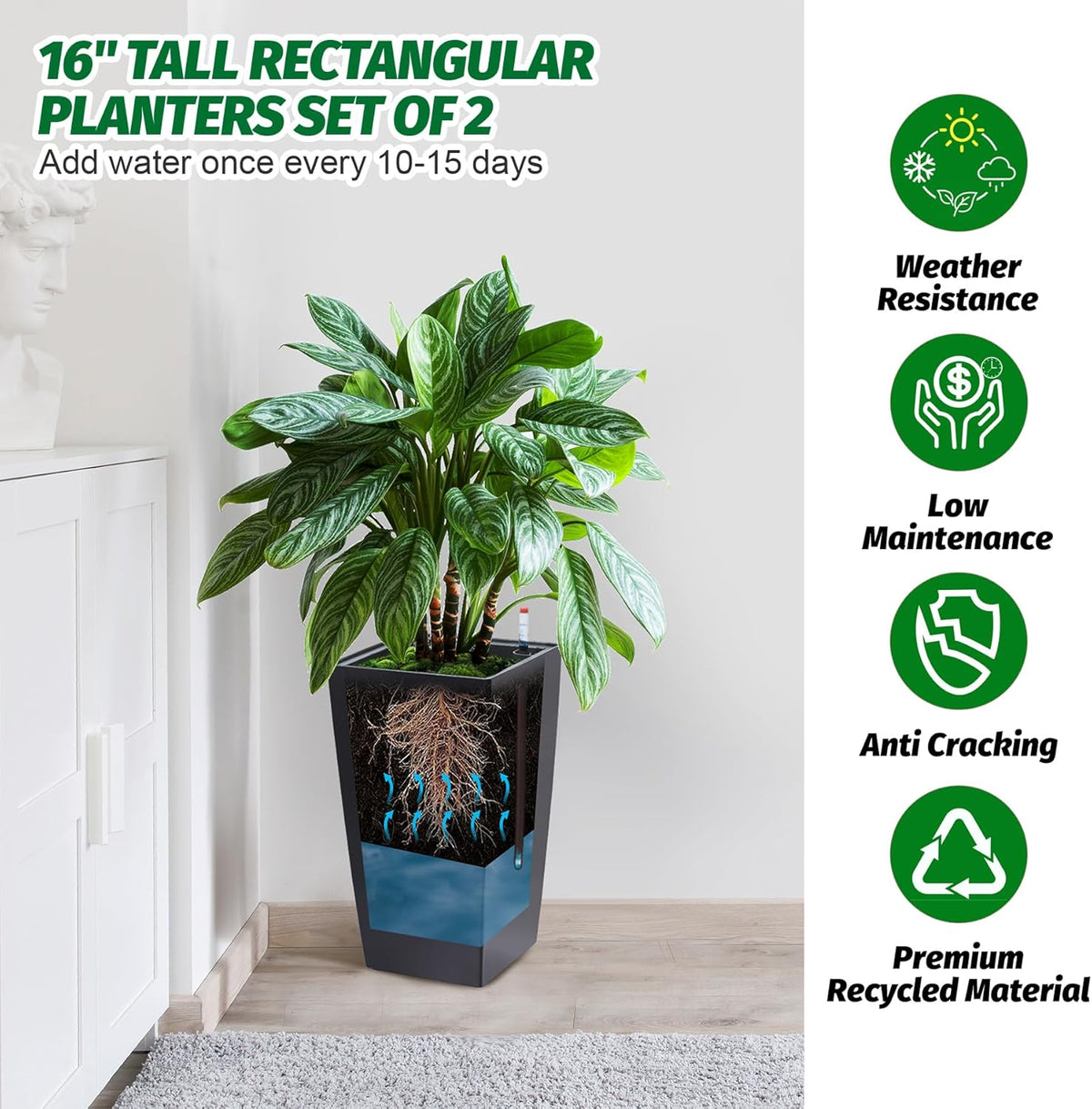 16" Tall Planters Set of 2, Outdoor＆Indoor Black Planter Pots, High Front Porch Planter Pots with