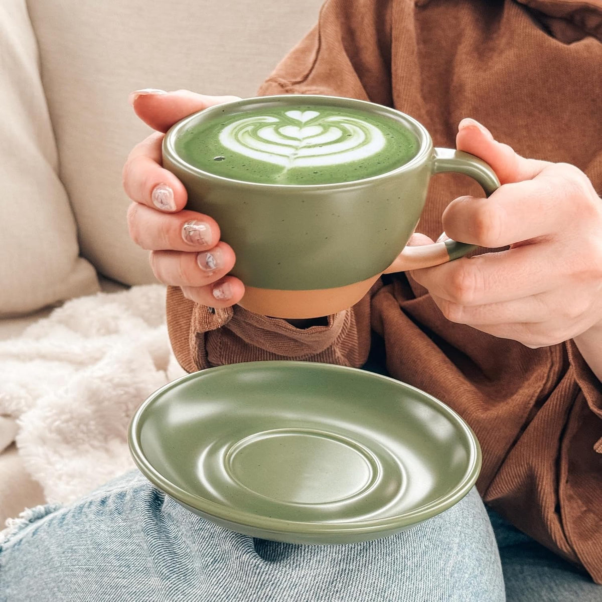 Mora Ceramic Latte Art Mug With Saucer - 10.5 oz, Round Bottom For Perfect Pours - Cafe Cups for