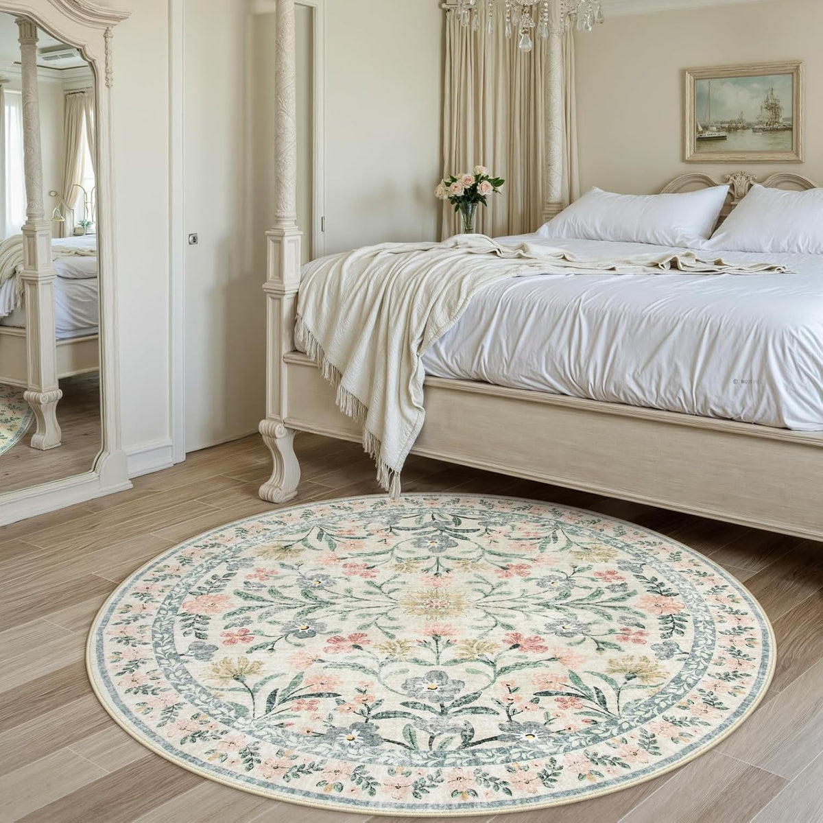 Wonnitar Floral Round Rugs 6ft, Boho Large Machine Washable Circle Rug, Low Pile Soft Flower