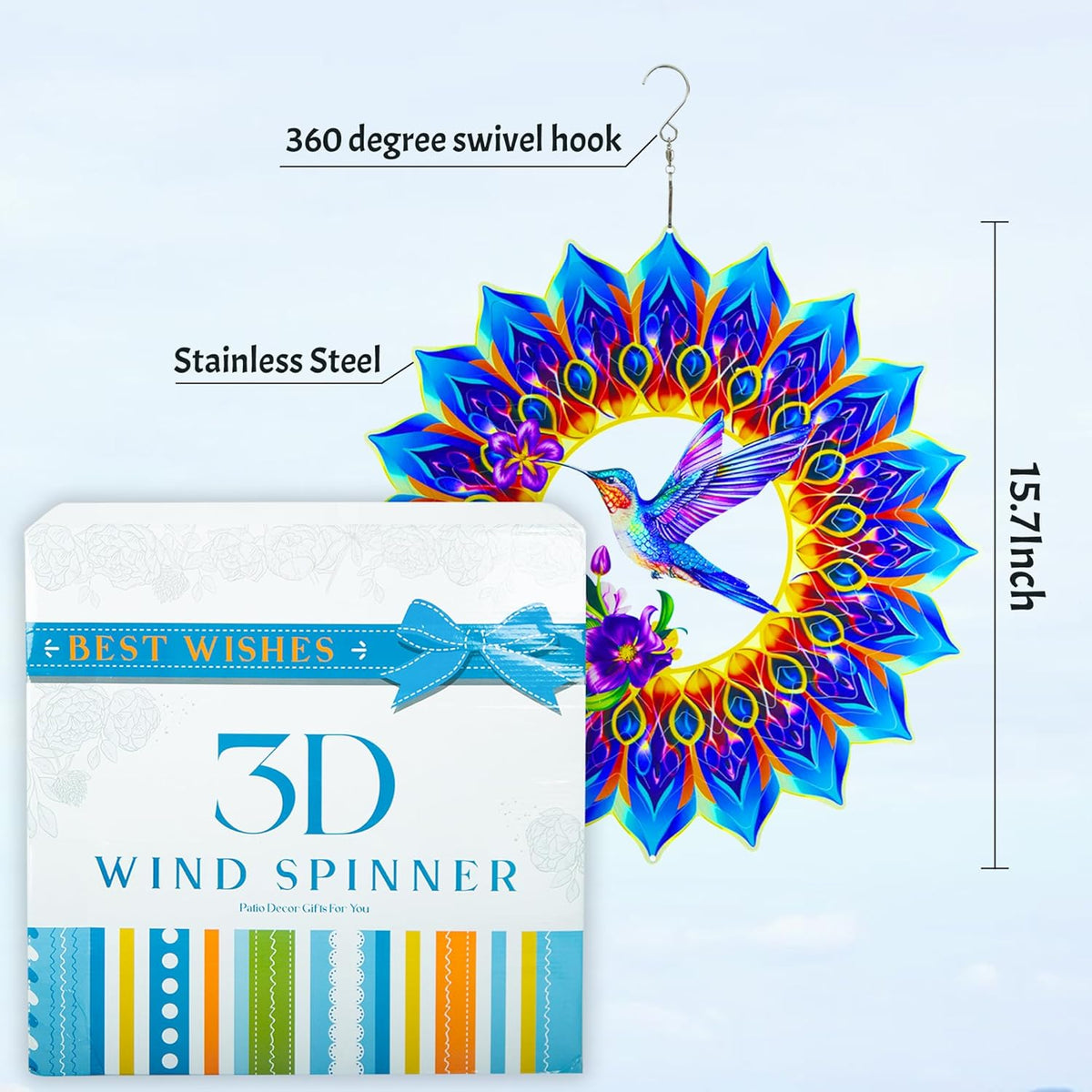 Hummingbird Wind Spinner,Hanging Wind Spinners Outdoor for Garden Decoration，15.7 inch 3D Stainless