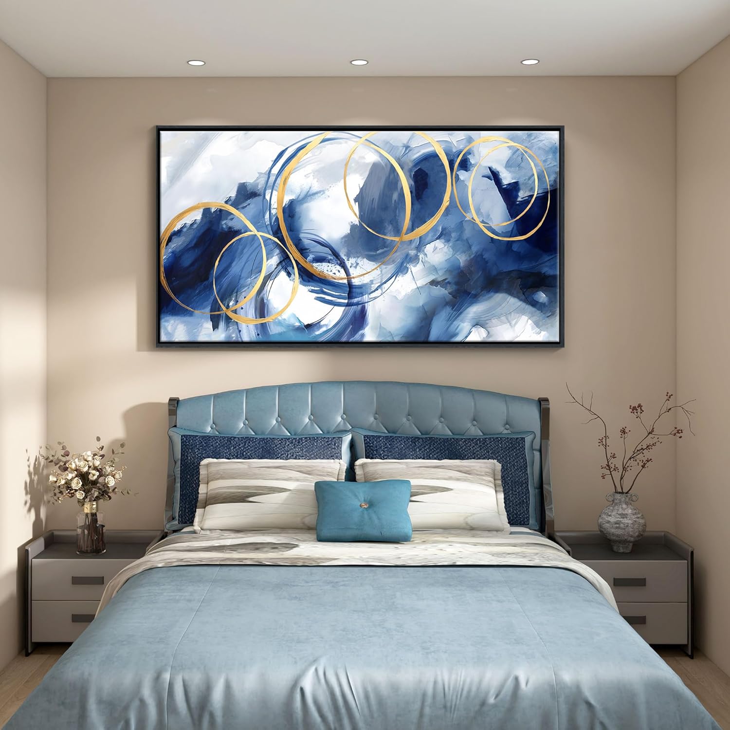 AJAZIKO Large Framed Canvas Wall Art Blue Abstract Wall Art Pictures for Living Room Bedroom