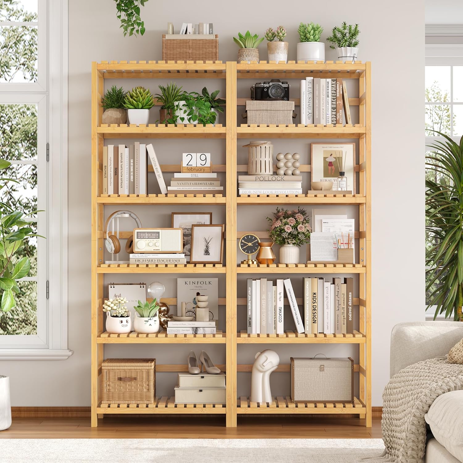 FOTOSOK 6-Tier Bamboo Shelf Set of 2, Bamboo Bookcase with Adjustable Shelves, Free Standing
