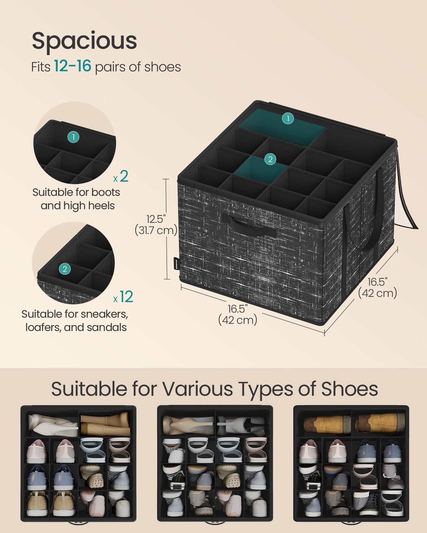 SONGMICS Shoe Organizer for Closet, Shoe Storage Box with Clear Lid, Foldable Fabric Bins, Holds 16