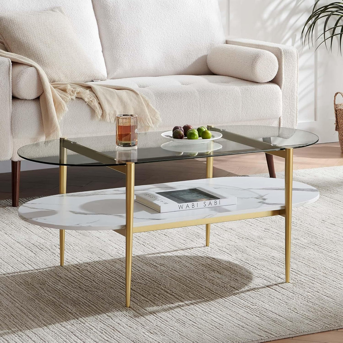 Oval Coffee Table, Mid-Century Modern Design, L41 x W21 x H17 inch, for Living Room, Clear Glass
