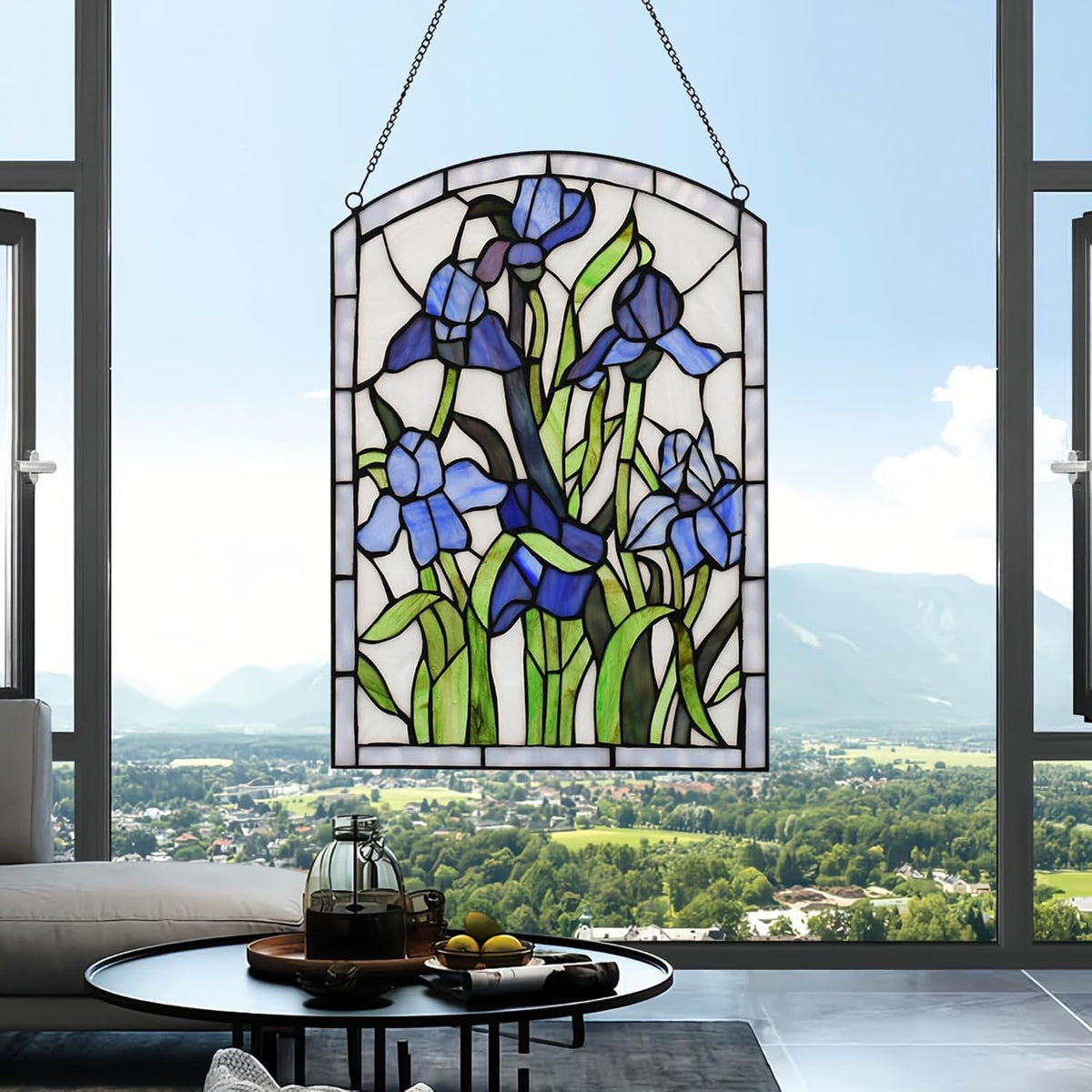 YOURANJU Iris Stained Glass Window Hanging 16" H x 11" W Tiffany Style Blue Rectangular Window