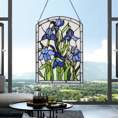 YOURANJU Iris Stained Glass Window Hanging 16" H x 11" W Tiffany Style Blue Rectangular Window