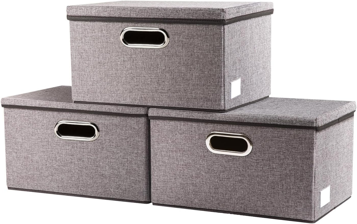 PRANDOM Storage Bins with Lids [3-Pack] Linen Fabric Foldable Storage Boxes Organizer Containers