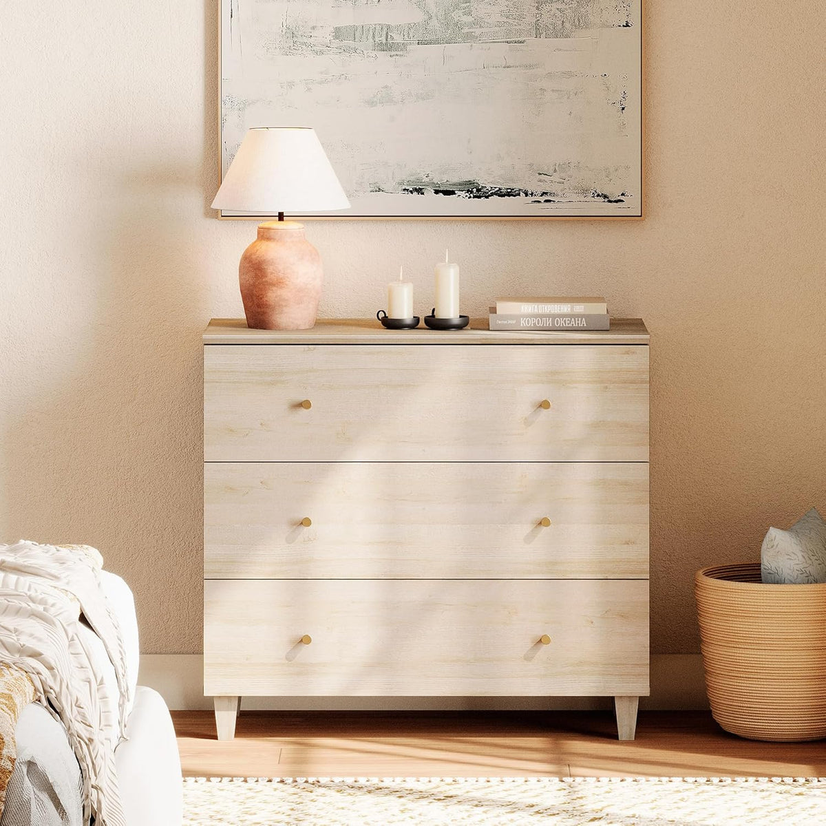 WAMPAT Bedroom Dresser with 3 Drawers, 35.4" Wide Wood Kids Dressers, Chest of Drawers, Modern