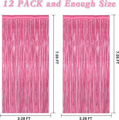 12 Pack Pink Backdrop, 3.28 FT x 7.05 FT Foil Fringe Curtains, Metallic Pink Tinsel Curtain Party