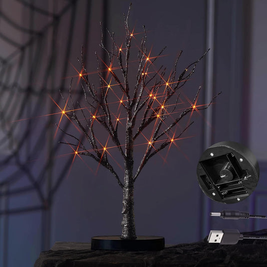 Hairui Lighted Tabletop Black Glittered Spooky Tree with Orange Lights 24 LED 18 Inches for