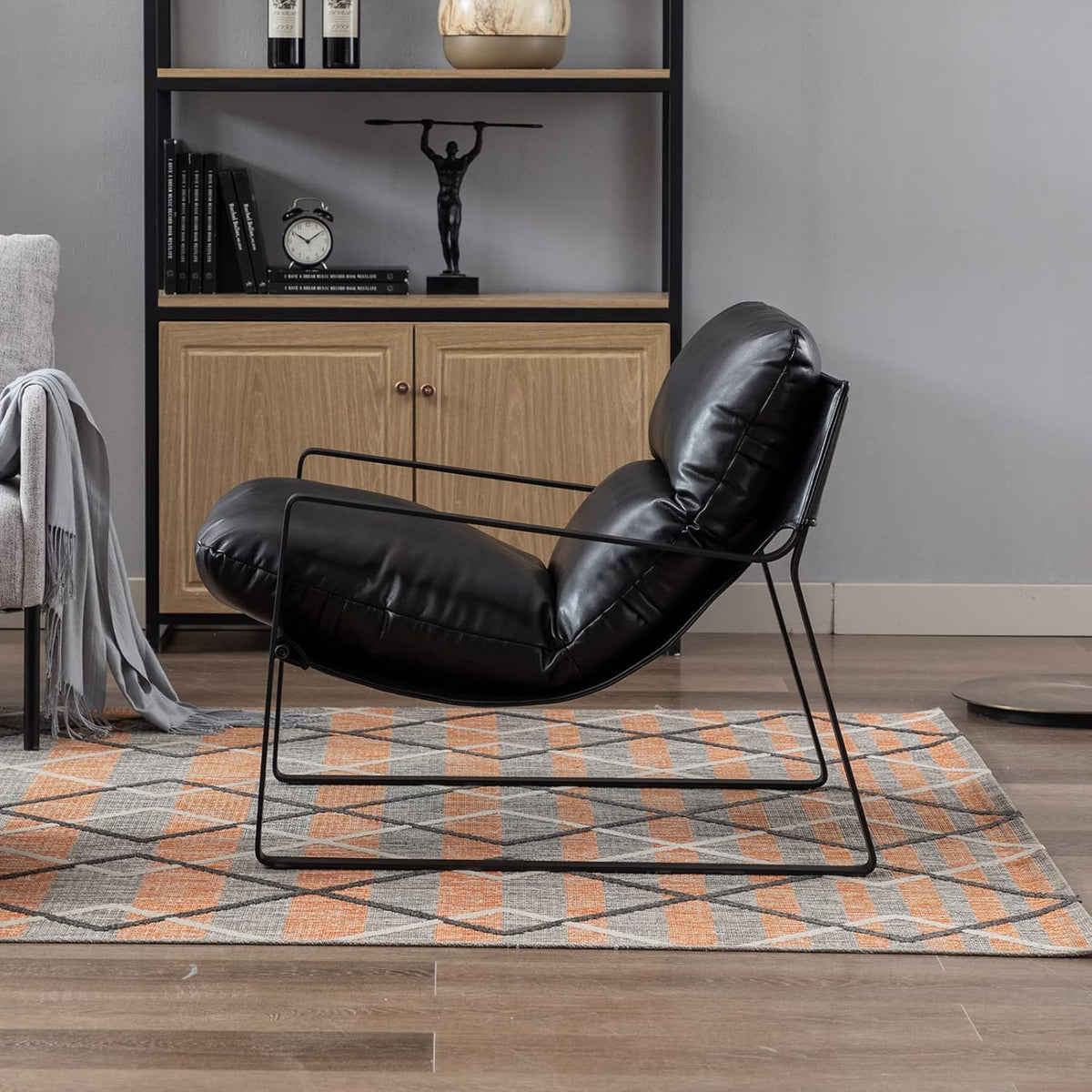DUOMAY Mid-Century Accent Chair Armchair, Comfy PU Leather Leisure Chair Lazy Chair with Metal Leg