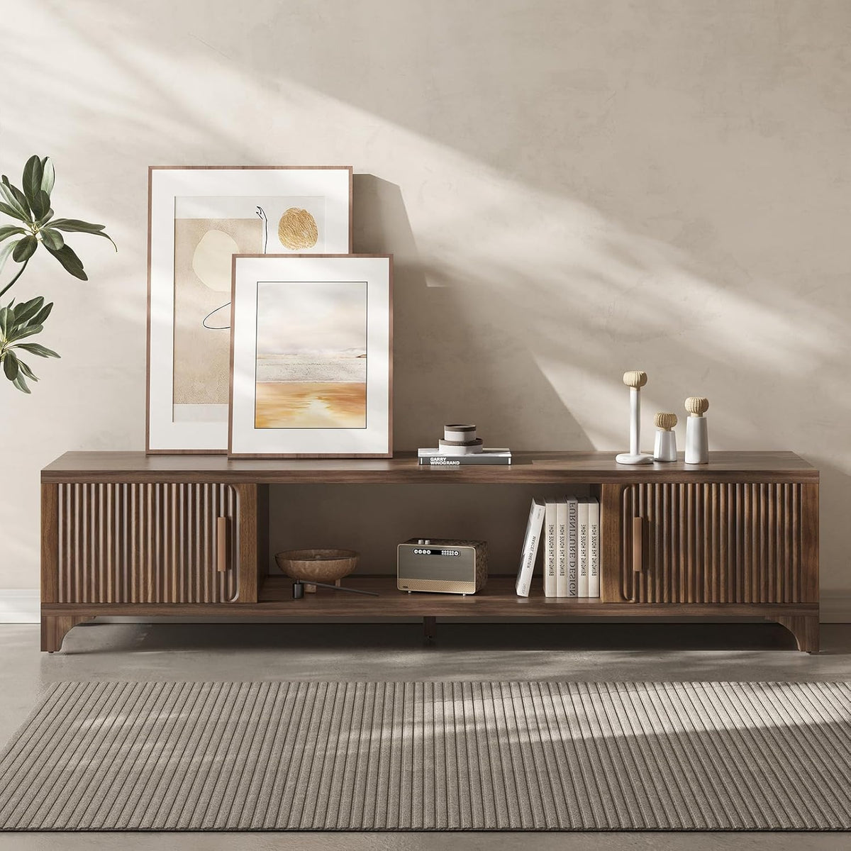 Mid Century Modern TV Stand for 55/65 Inches Television Console with Fluted Doors and Storage