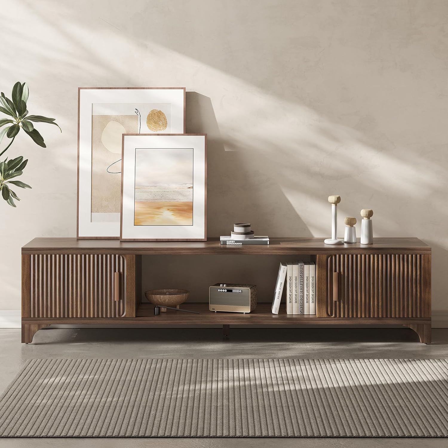 Mid Century Modern TV Stand for 55/65 Inches Television Console with Fluted Doors and Storage