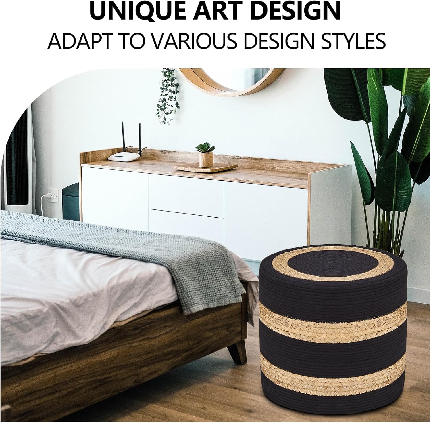 Wimarsbon 18'' Ottoman Pouf, Natural Braided Poof, Rustic Handweave Lounge Pouffe, Boho Footrest