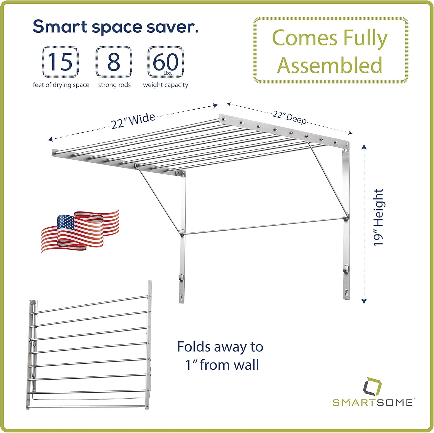 Smartsome | Wall Mounted | Clothes Drying Rack| 22" Wide |15 Linear Feet Capacity | 8 Smooth Round